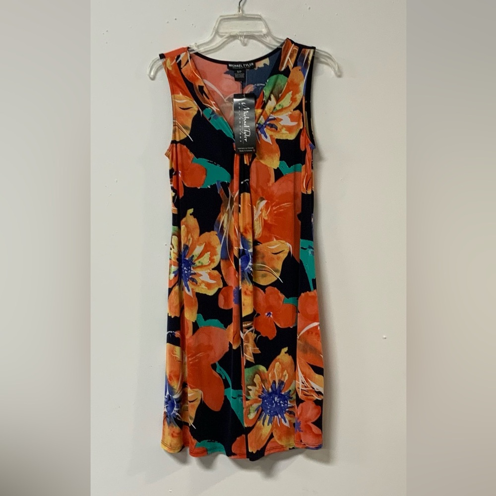 Michael Tyler (S) sleeveless dress. Navy/multi color. NWT